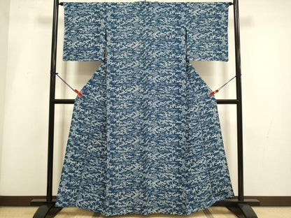 平和屋着物▽上質な小紋　単衣　藍　型染　立波花文　正絹　逸品　DABI4100du