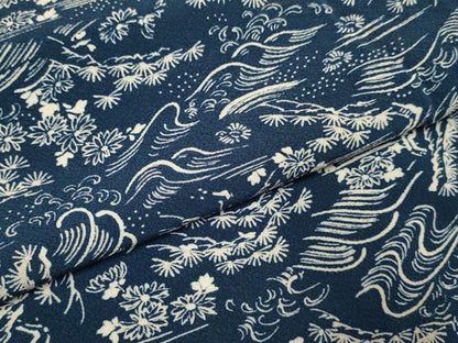 平和屋着物▽上質な小紋　単衣　藍　型染　立波花文　正絹　逸品　DABI4100du