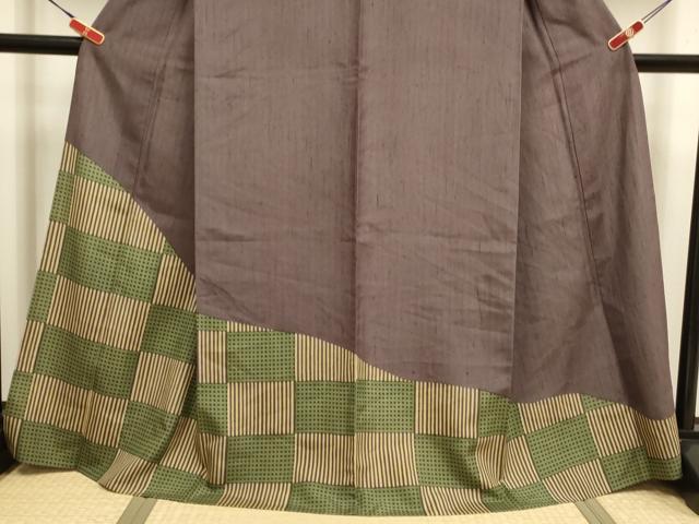 平和屋着物▽訪問着　単衣　紬地　市松文様　ろうけつ染め　正絹　逸品　DABI4105du
