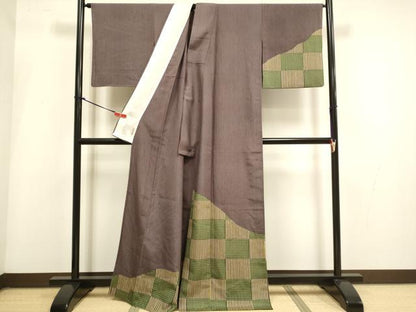 平和屋着物▽訪問着　単衣　紬地　市松文様　ろうけつ染め　正絹　逸品　DABI4105du