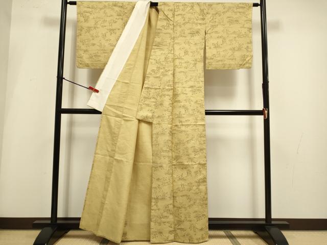 平和屋着物▽上質な小紋　単衣　紬地　鳥獣戯画　金彩　正絹　逸品　DABI4112du