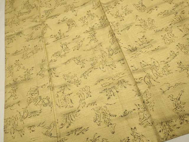 平和屋着物▽上質な小紋　単衣　紬地　鳥獣戯画　金彩　正絹　逸品　DABI4112du