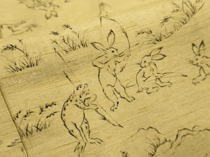平和屋着物▽上質な小紋　単衣　紬地　鳥獣戯画　金彩　正絹　逸品　DABI4112du