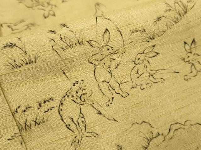 平和屋着物▽上質な小紋　単衣　紬地　鳥獣戯画　金彩　正絹　逸品　DABI4112du