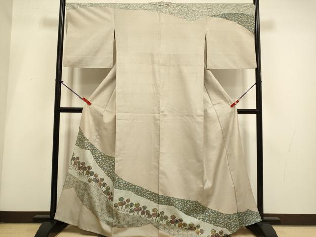 平和屋着物▽訪問着　単衣　紬地　草花文　正絹　逸品　DABI4114du