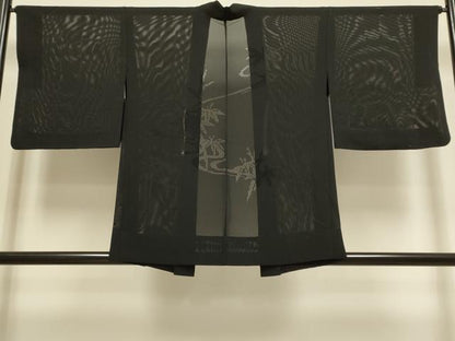 平和屋着物▽羽織　スリーシーズン　春夏秋　塵除け　流水笹文　黒地　正絹　逸品　DABI4115du