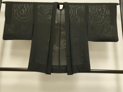 平和屋着物▽羽織　スリーシーズン　春夏秋　塵除け　流水笹文　黒地　正絹　逸品　DABI4115du