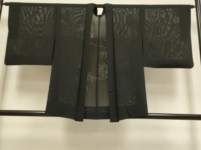 平和屋着物▽羽織　スリーシーズン　春夏秋　塵除け　流水笹文　黒地　正絹　逸品　DABI4115du