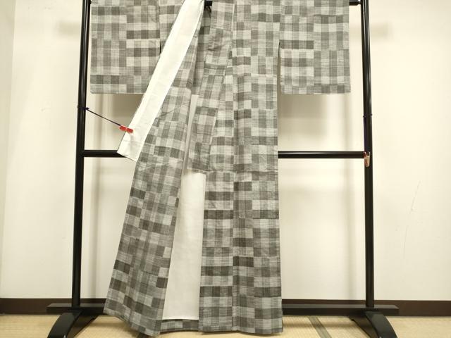 平和屋着物▽手織真綿紬　単衣　しゃれ染　格子柄　反端付き　正絹　逸品　DABI4116du