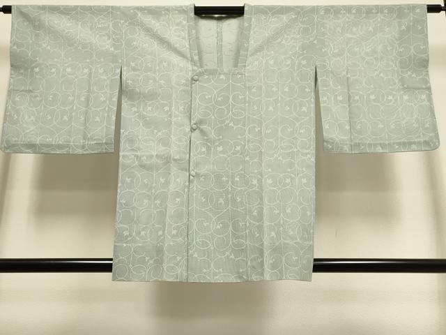 平和屋着物▽道行コート　スリーシーズン　春夏秋　塵除け　花唐草文　青白橡色　正絹　逸品　DABI4148du