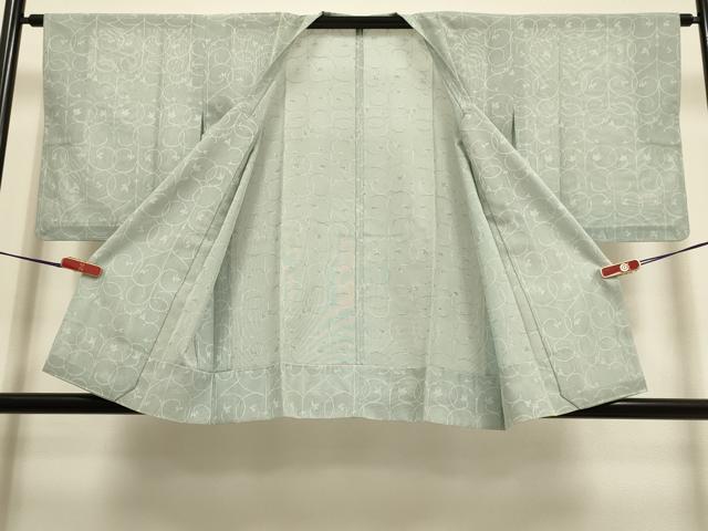 平和屋着物▽道行コート　スリーシーズン　春夏秋　塵除け　花唐草文　青白橡色　正絹　逸品　DABI4148du