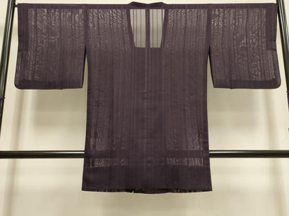 平和屋着物▽道行コート　スリーシーズン　春夏秋　塵除け　縞　濃い滅紫色　正絹　逸品　DABI4151du