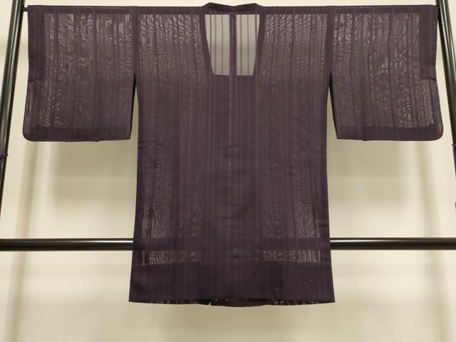 平和屋着物▽道行コート　スリーシーズン　春夏秋　塵除け　縞　濃い滅紫色　正絹　逸品　DABI4151du