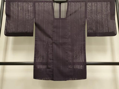 平和屋着物▽道行コート　スリーシーズン　春夏秋　塵除け　縞　濃い滅紫色　正絹　逸品　DABI4151du