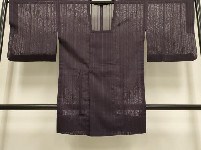 平和屋着物▽道行コート　スリーシーズン　春夏秋　塵除け　縞　濃い滅紫色　正絹　逸品　DABI4151du