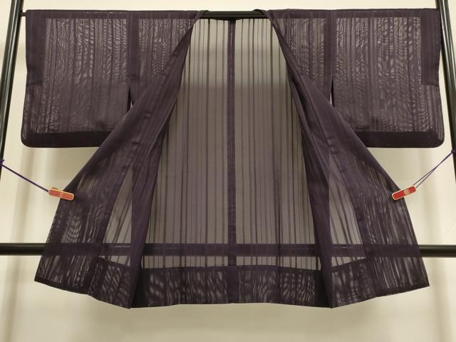 平和屋着物▽道行コート　スリーシーズン　春夏秋　塵除け　縞　濃い滅紫色　正絹　逸品　DABI4151du