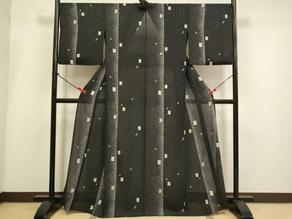 平和屋着物＊夏物　小紋　絽　色紙花文　黒地　正絹　逸品　DABI4164du