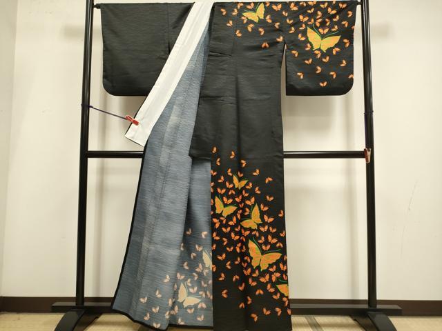 平和屋着物▽訪問着　単衣　舞蝶文　黒地　洗える着物　DABI4197du