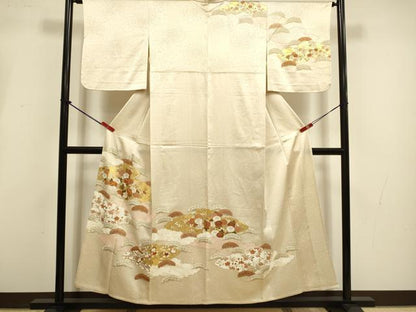 平和屋着物▽銀座きしや　訪問着　単衣　駒刺繍　花松文　金彩　正絹　逸品　DABI4200du
