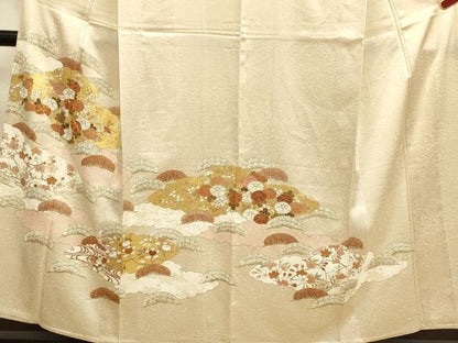 平和屋着物▽銀座きしや　訪問着　単衣　駒刺繍　花松文　金彩　正絹　逸品　DABI4200du