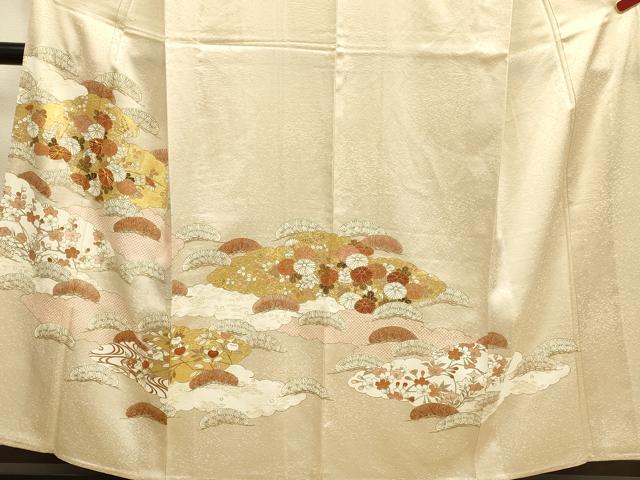 平和屋着物▽銀座きしや　訪問着　単衣　駒刺繍　花松文　金彩　正絹　逸品　DABI4200du