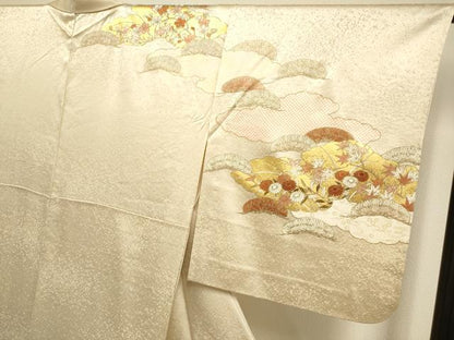 平和屋着物▽銀座きしや　訪問着　単衣　駒刺繍　花松文　金彩　正絹　逸品　DABI4200du