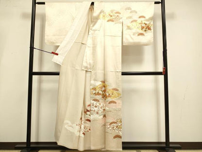 平和屋着物▽銀座きしや　訪問着　単衣　駒刺繍　花松文　金彩　正絹　逸品　DABI4200du