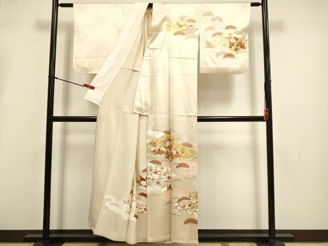 平和屋着物▽銀座きしや　訪問着　単衣　駒刺繍　花松文　金彩　正絹　逸品　DABI4200du