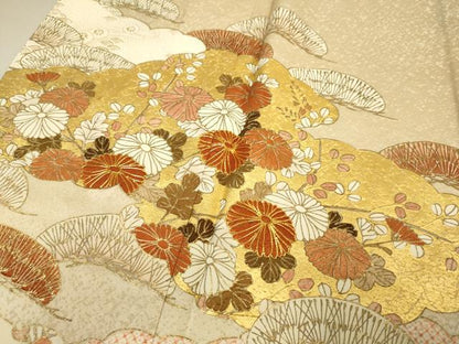 平和屋着物▽銀座きしや　訪問着　単衣　駒刺繍　花松文　金彩　正絹　逸品　DABI4200du