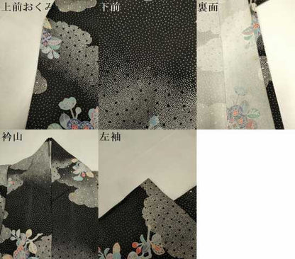 平和屋着物▽上質な小紋　単衣　雲重ね枝梅文　黒地　銀彩　正絹　逸品　DABI4202du