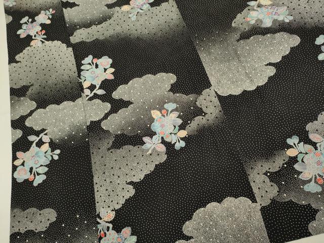 平和屋着物▽上質な小紋　単衣　雲重ね枝梅文　黒地　銀彩　正絹　逸品　DABI4202du