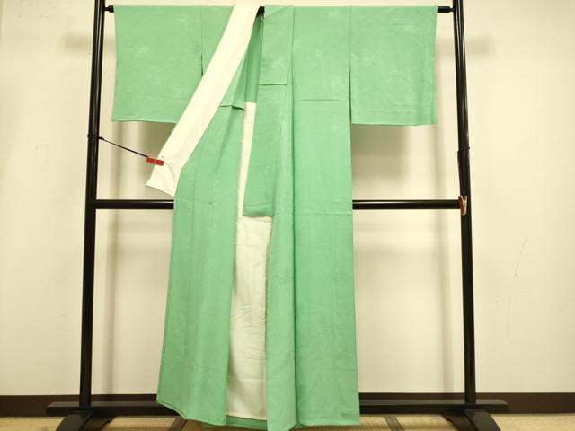 平和屋着物▽上質な色無地　単衣　紗綾形地紋　浅緑色　正絹　逸品　DABI4209du