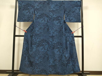 平和屋着物▽小紋　単衣　藍　型染　草花文　鬼しぼ縮緬　洗える着物　DABI4226du