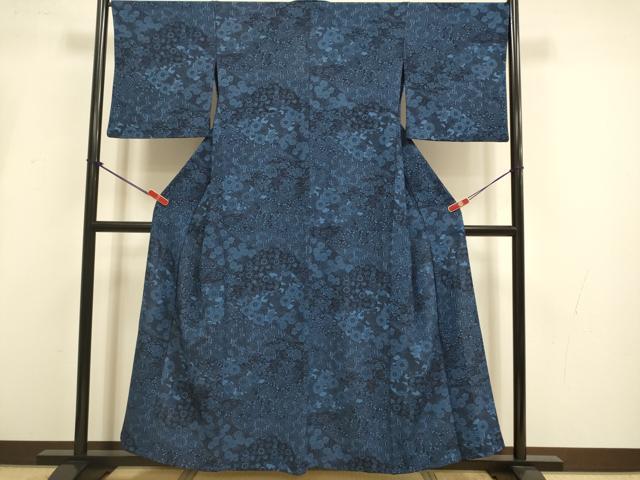 平和屋着物▽小紋　単衣　藍　型染　草花文　鬼しぼ縮緬　洗える着物　DABI4226du