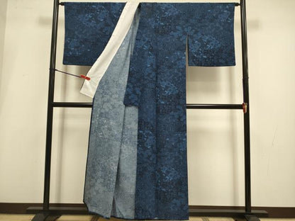 平和屋着物▽小紋　単衣　藍　型染　草花文　鬼しぼ縮緬　洗える着物　DABI4226du