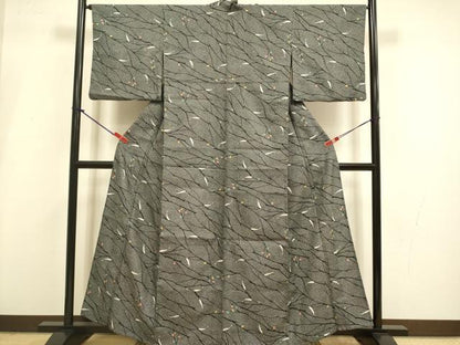 平和屋着物▽小紋　単衣　枝葉文　黒地　洗える着物　DABI4227du