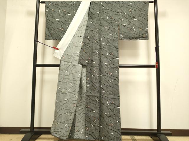 平和屋着物▽小紋　単衣　枝葉文　黒地　洗える着物　DABI4227du