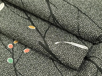 平和屋着物▽小紋　単衣　枝葉文　黒地　洗える着物　DABI4227du