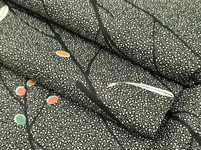 平和屋着物▽小紋　単衣　枝葉文　黒地　洗える着物　DABI4227du