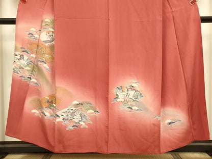 平和屋着物▽訪問着　単衣　扇面花鳥文　暈し染め　金彩　正絹　逸品　DABI4229du