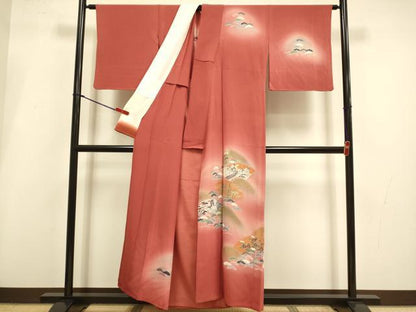 平和屋着物▽訪問着　単衣　扇面花鳥文　暈し染め　金彩　正絹　逸品　DABI4229du