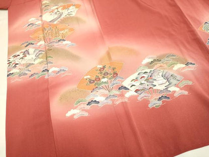 平和屋着物▽訪問着　単衣　扇面花鳥文　暈し染め　金彩　正絹　逸品　DABI4229du