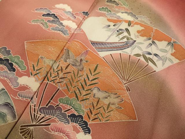 平和屋着物▽訪問着　単衣　扇面花鳥文　暈し染め　金彩　正絹　逸品　DABI4229du