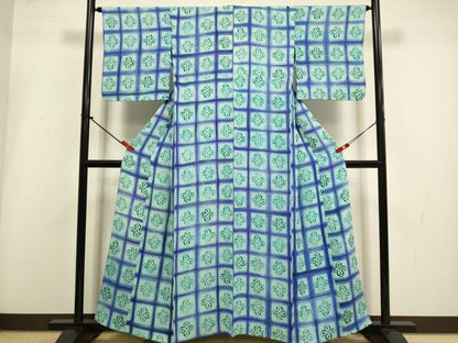 平和屋着物▽上質な小紋　単衣　格子花文　正絹　逸品　DABI4261du