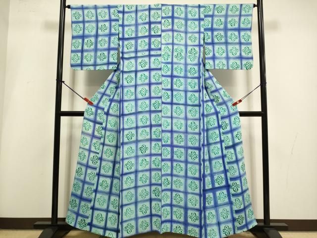 平和屋着物▽上質な小紋　単衣　格子花文　正絹　逸品　DABI4261du