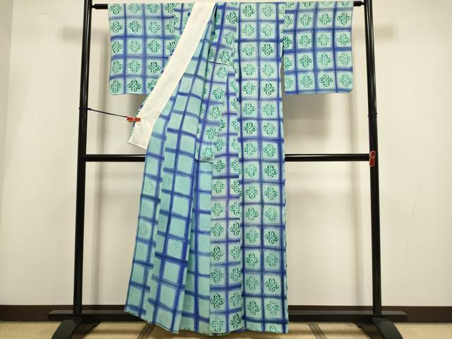 平和屋着物▽上質な小紋　単衣　格子花文　正絹　逸品　DABI4261du