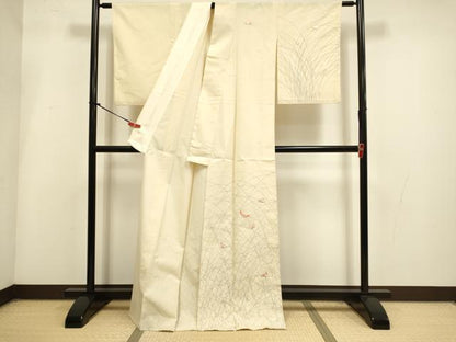 平和屋着物▽訪問着　単衣　紬地　刺繍　舞蝶文　正絹　逸品　DABI4263du