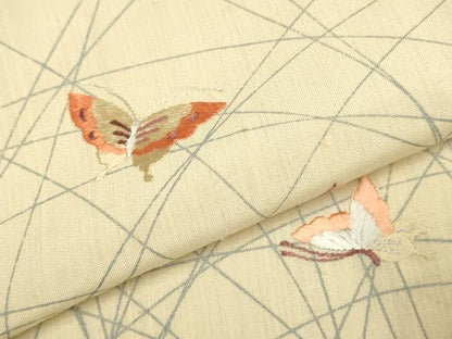 平和屋着物▽訪問着　単衣　紬地　刺繍　舞蝶文　正絹　逸品　DABI4263du