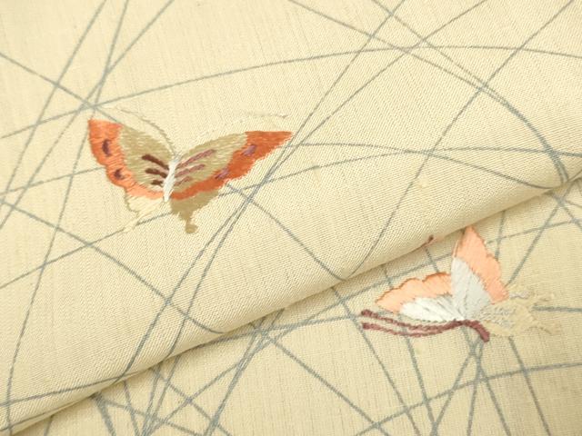 平和屋着物▽訪問着　単衣　紬地　刺繍　舞蝶文　正絹　逸品　DABI4263du