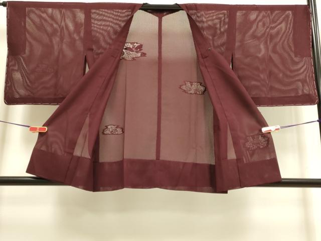 平和屋着物▽道行コート　スリーシーズン　春夏秋　塵除け　ドロンワーク　刺繍　花蝶文　濃い葡萄茶色　正絹　逸品　未使用　DABI4265du